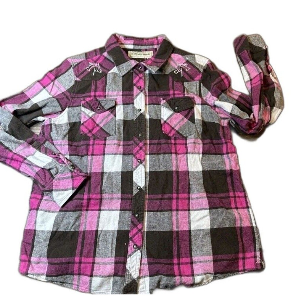 Bit & Bridle Womens Sz Medium Flannel Plaid Shirt Pink Brown Horse Pearl Snaps